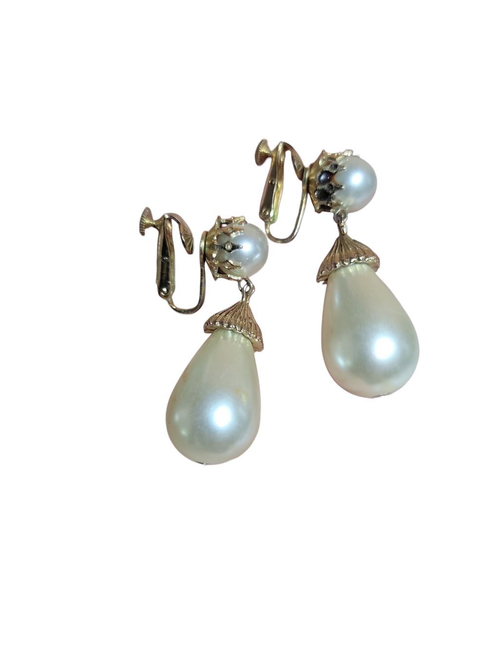 Vintage Signed Coro Faux Pearl Teardrop Dangle Screwback Earrings Gold Tone 1.5” - Picture 2 of 4